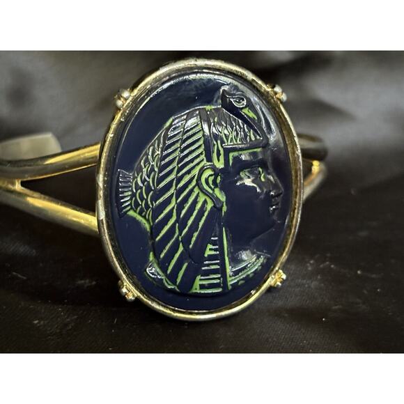 Pharaoh Egyptian Revival Cuff Bracelet Blue Glass & Gold Tone Statement Bracelet - Picture 6 of 13